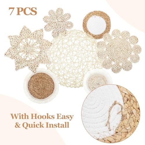 7 Pcs Boho Wall Baskets Decor Hanging Rustic Rattan Wicker Wall Baskets Round
