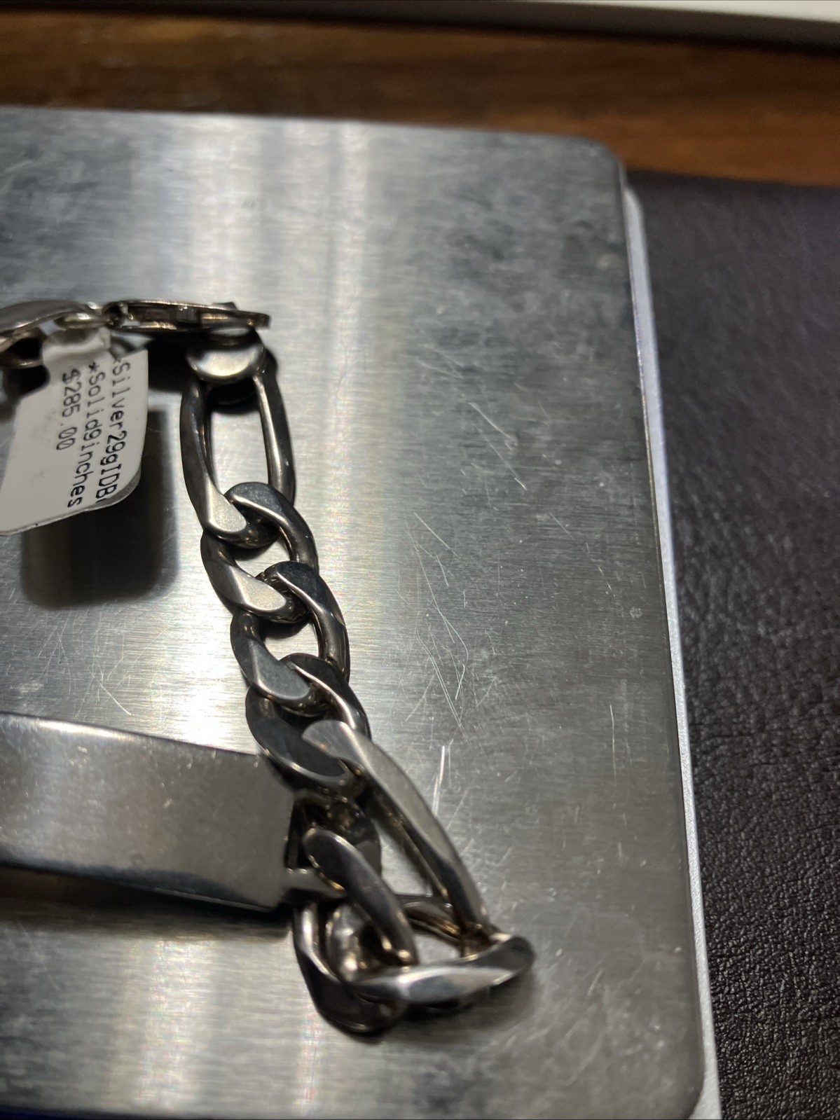 Sterling Silver 925 Figaro ID Men’s Bracelet 29 Grams 9 Inches Natural Patina
