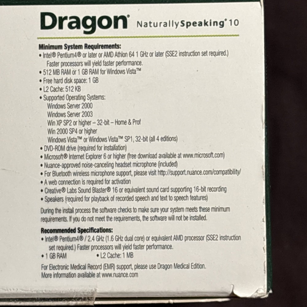 Dragon Naturally Speaking 10 Standard Speech Recognition Software (PC) SEALED