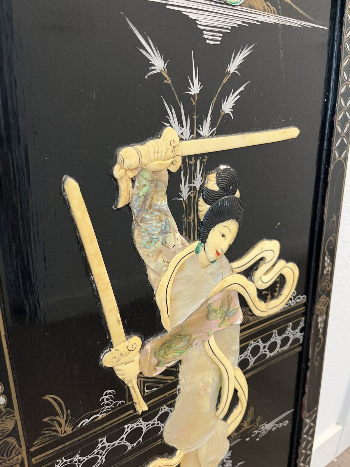 VTG 5 Asian Oriental BLACK Lacquer Mother of Pearl Wall Panels 36H x 11,5W, 30”