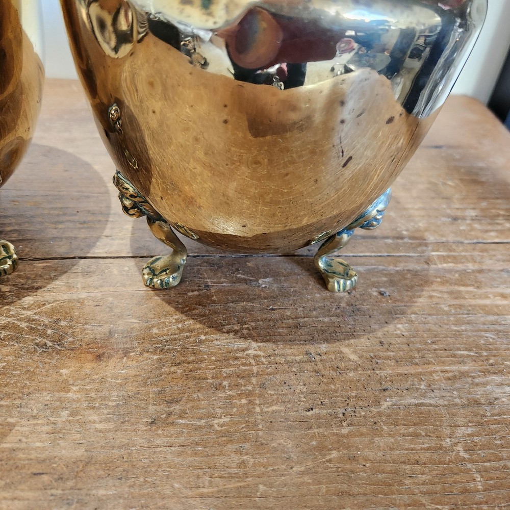 Antique Solid Brass Three Small/Medium Cache Pots on Styalised Liohead/Paw Feet