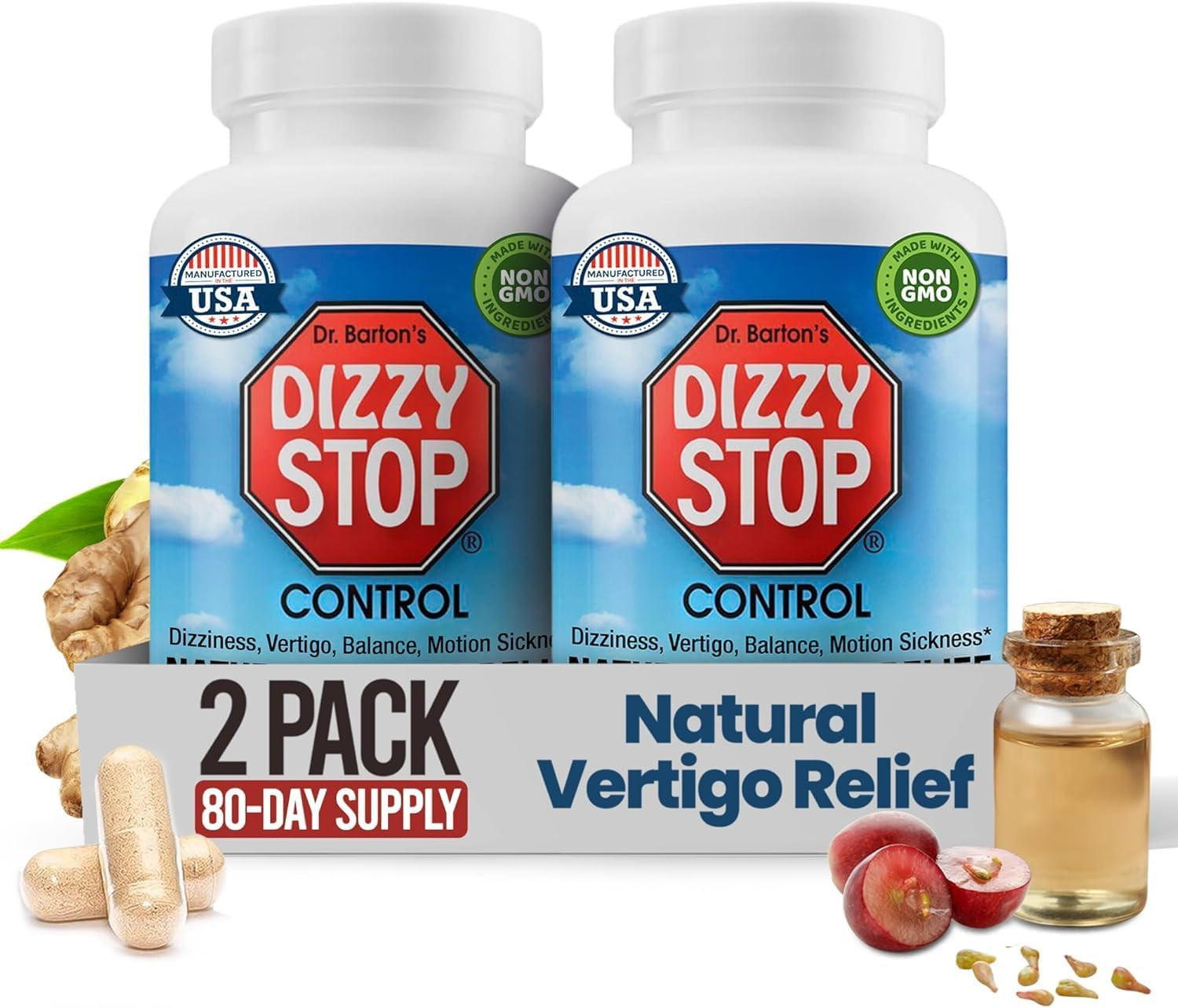 DizzyStop Herbal Supplement for Vertigo Relief Dizziness, Motion Sickness 2 Pack
