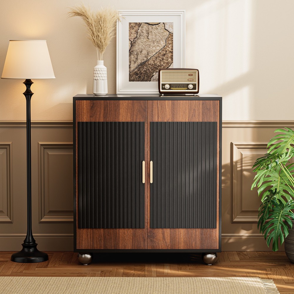 Fluted Sideboard Cabinet with Storage Solid Wood Buffet Corner Cabinet Walnut