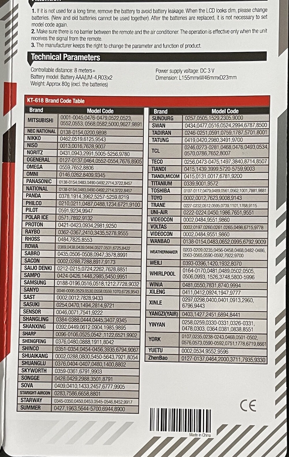 KT-618 Mini Split Universal Remote Control,10000 Codes, Controls 99.9% AC