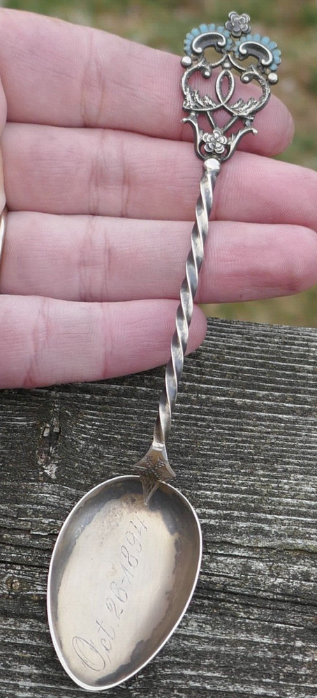Antique Dated 1894 Sterling Silver & Enameled Twist Handle Teaspoon