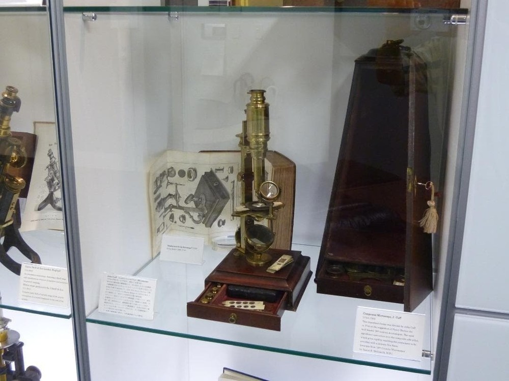 1744 John Cuff Antique Compound Microscope Brass Tube Signed Cross Stage