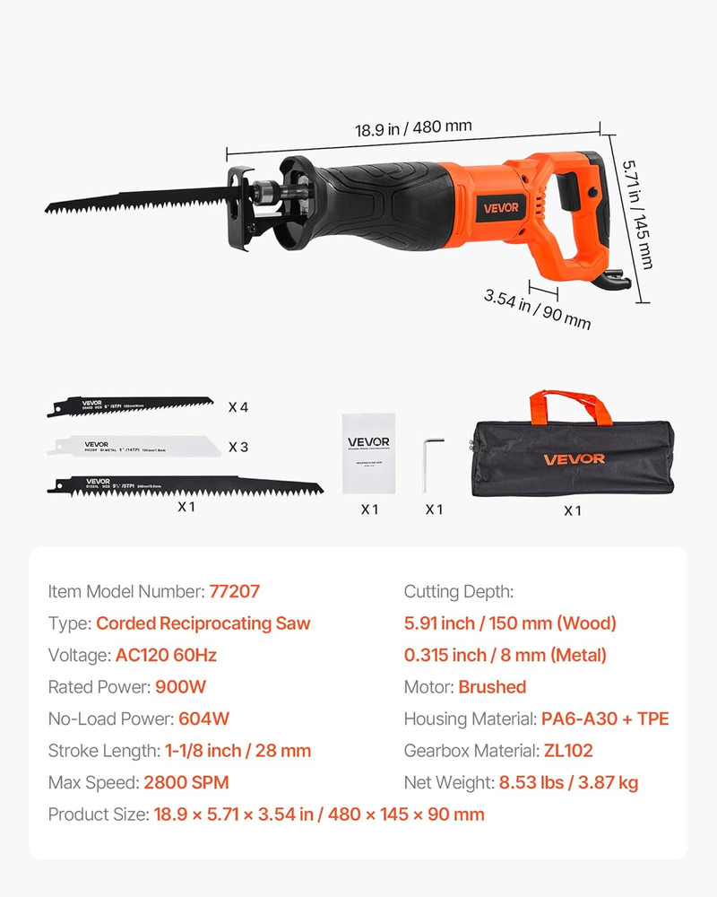 Powerful 7.5 Amp Reciprocating Saw with 8 Blades & Variable Speed Control