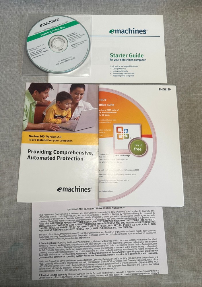 2007 2008 eMachines Operating System Disc Windows Vista Home Basic 32-Bit + Docs