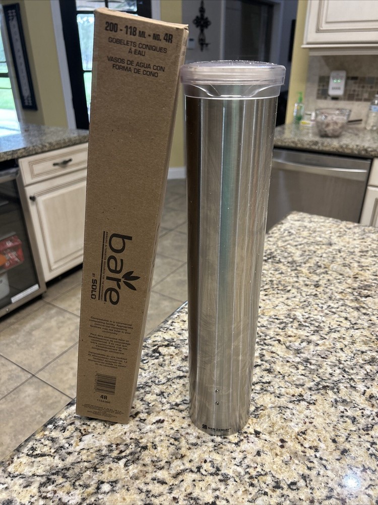 San Jamar Small Pull-Type Water Cup Dispenser Stainless Steel Flipcap Cone cup