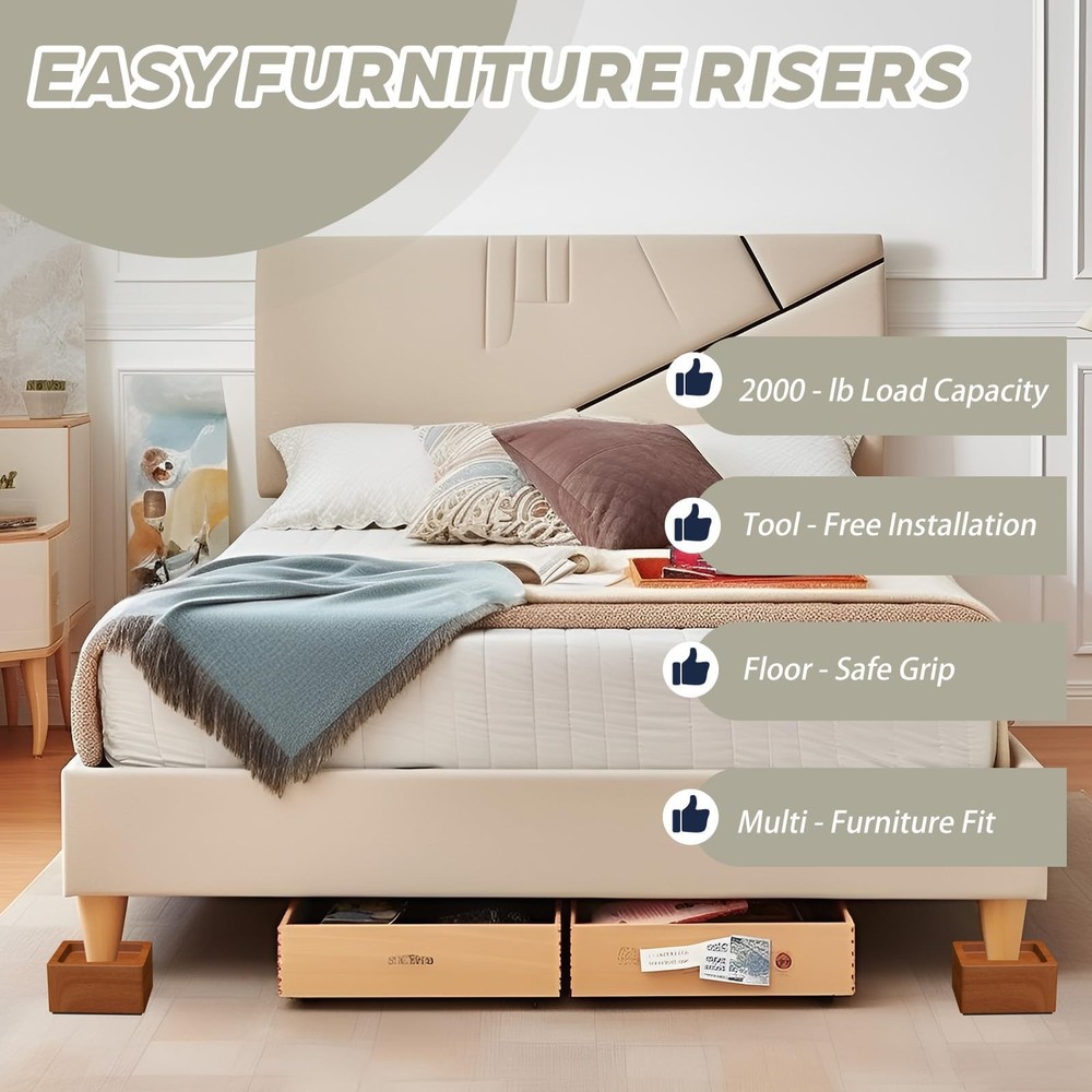 2-Inch Solid Pine Furniture Risers – 2000LBS Capacity, Tool-Install, Natural ...