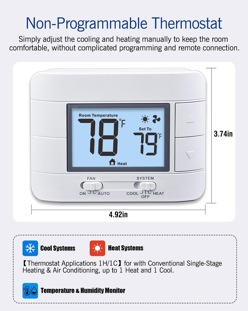 Non-Programmable Thermostat for Home Single-Stage (1H/1C), Temperature Control