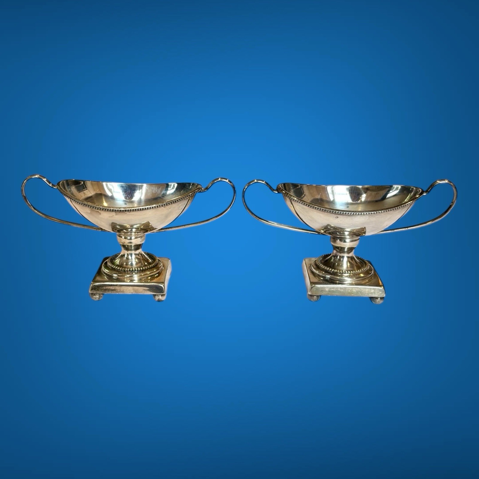 Vintage Antique Pair of Silver Plated Pedestal Salt Cellars With Handles