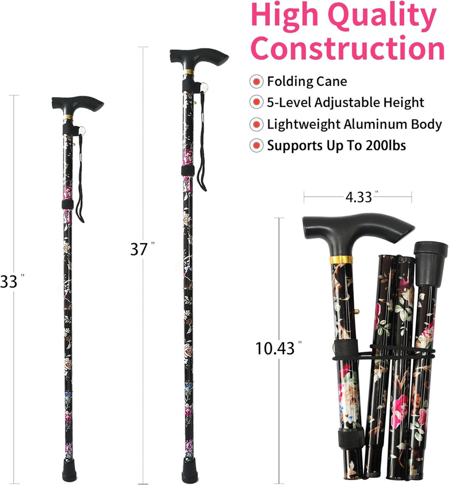 Folding Cane, 5-Level Adjustable Height Lightweight Portable Foldable Walking Ca