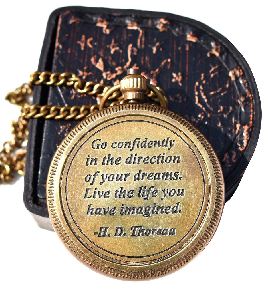 Solid Brass Thoreau's Go Confidently Quote Engraved Compass with Wooden Box, ...