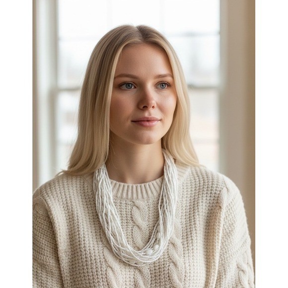 White Layered Bead Necklace Multi Strand Boho Bridal Summer Statement 16"