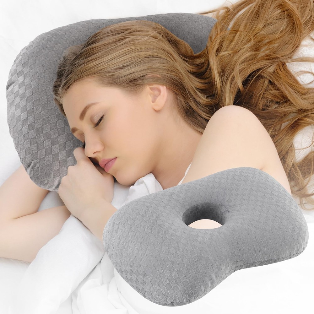 Ear Piercing Pillow with an Hole, Cotton and Polyester Side Light Grey