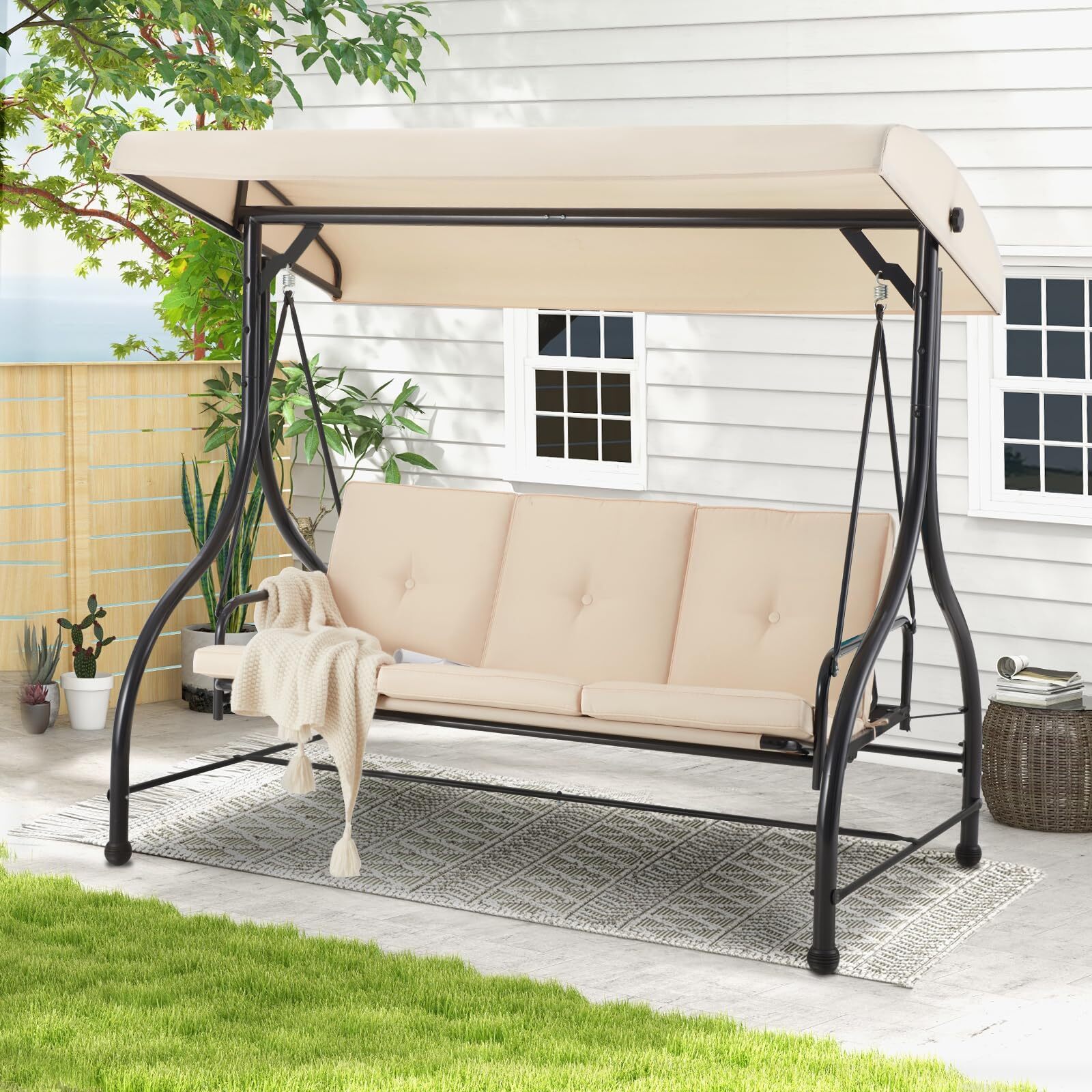 3-Person Outdoor Patio Swing Chair w/Adjustable Canopy Cover &Steel Frame 3 Type