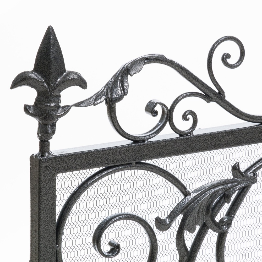 Black Silver Fireplace Screen Panel Stand Wrought Iron Mesh Victorian Scrollwork