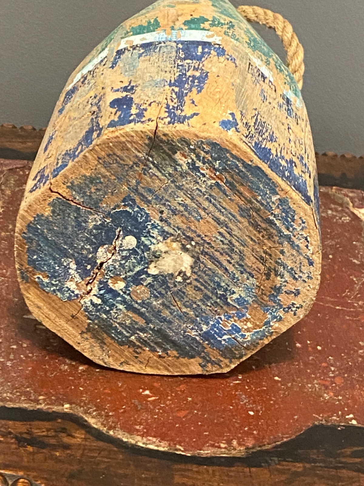 Wooden Lobster Bouy Solid Wood Nautical Themed - 12" x 5" - Green Blue