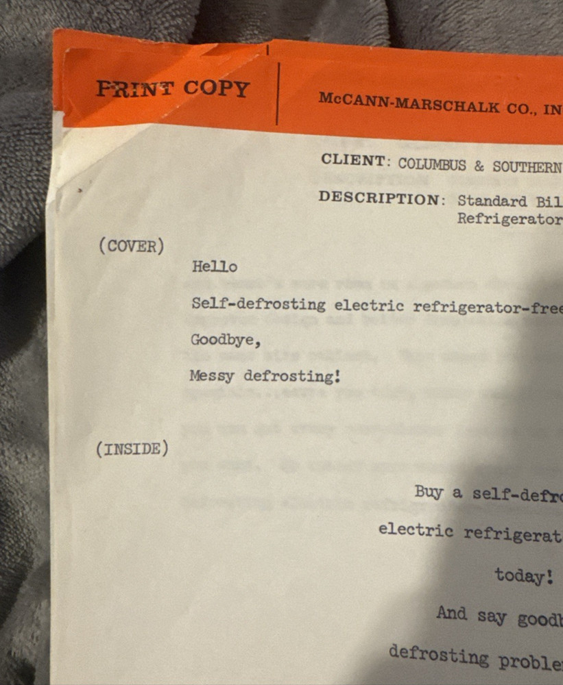 AD COPY TV SCRIPT 1965 McCANN-ERICKSON Ohio Modern SELF-DEFROSTING REFRIGERATOR