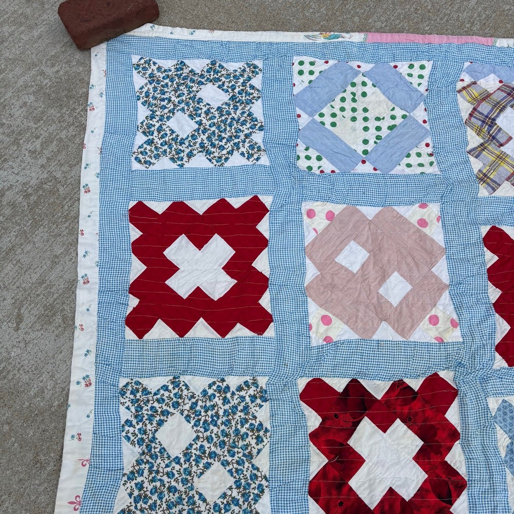 Vtg Quilt Patchwork Block Pattern 78”x60” Hand Made Cotton Feed-sack? Depression