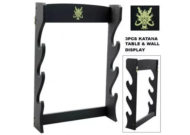 Three Tier Sword Display Stand Dual Purpose Solid Wood with Black Finish