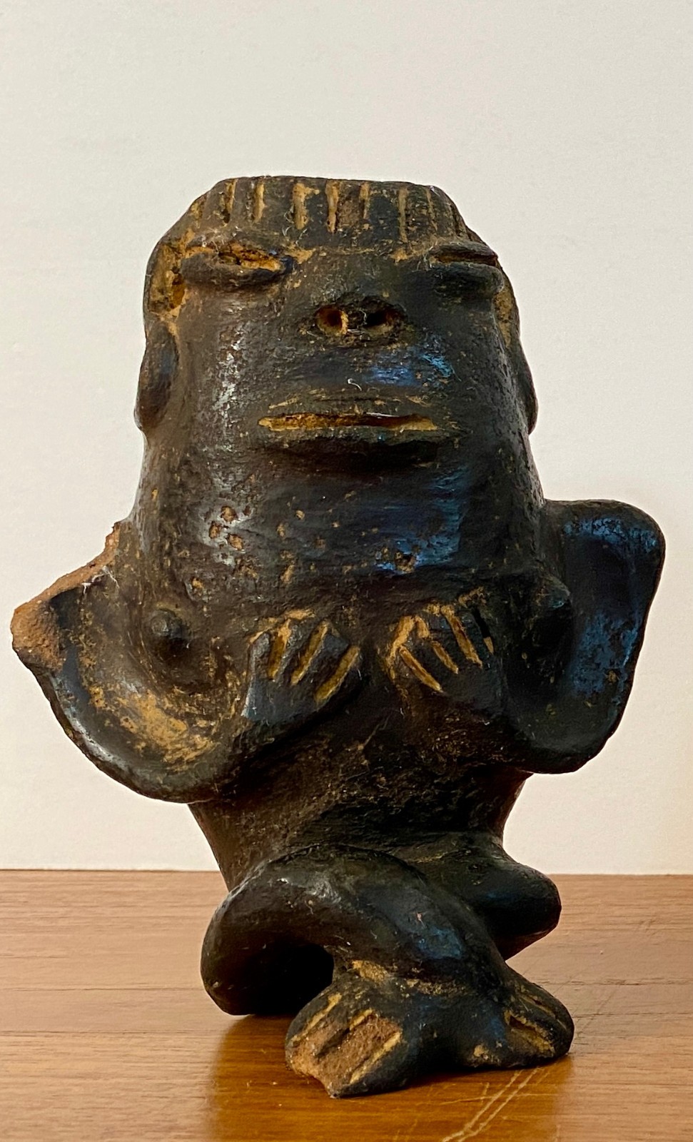 3 Pre Columbian Style Black Ware Clay Figures Musical Seated Vintage / Antique