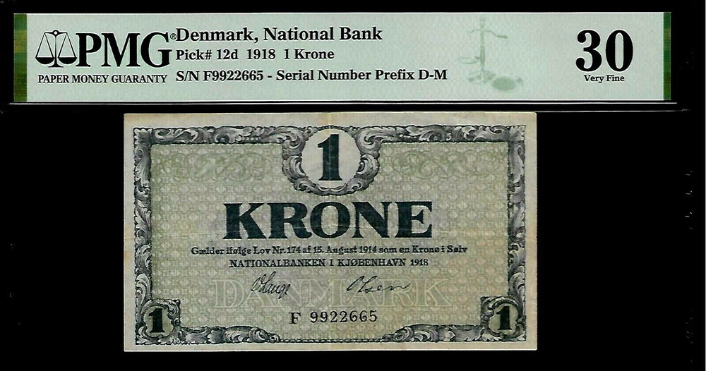 Denmark 1 Krone 1918 PMG 30   P# 12d PMG Series D-M