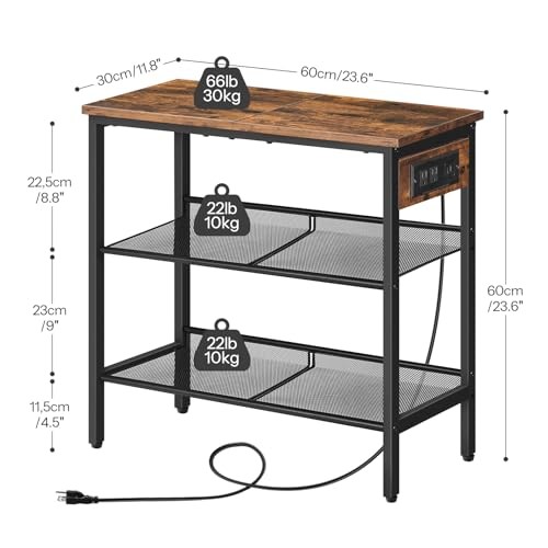 End Table, 3-Tier Narrow Side Table with Charging Rustic Brown + Black