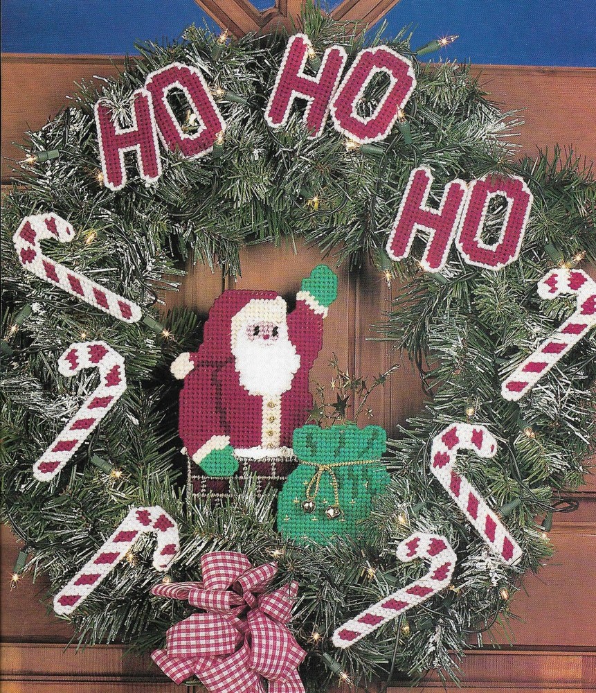HAPPY HOLIDAYS WREATH SANTA CHRISTMAS PLASTIC CANVAS PATTERN INSTRUCTIONS