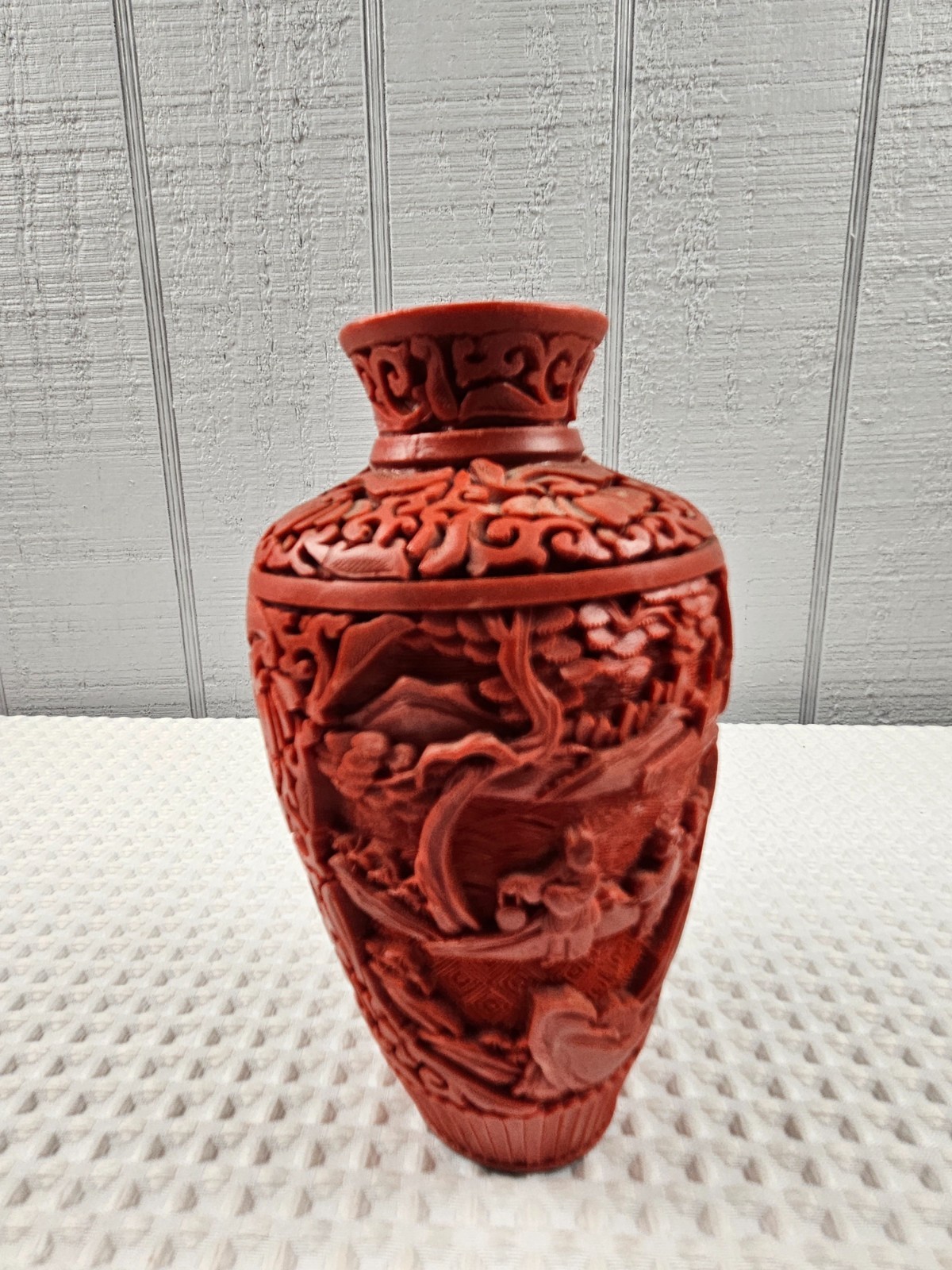 Vintage Chinese Red Cinnabar Lacquer Vase 5 .5” Floral Carving Made in Italy