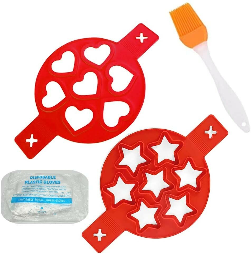 Two Kitchen Nonstick Pancake Maker Egg Ring Maker Mold with brush and gloves
