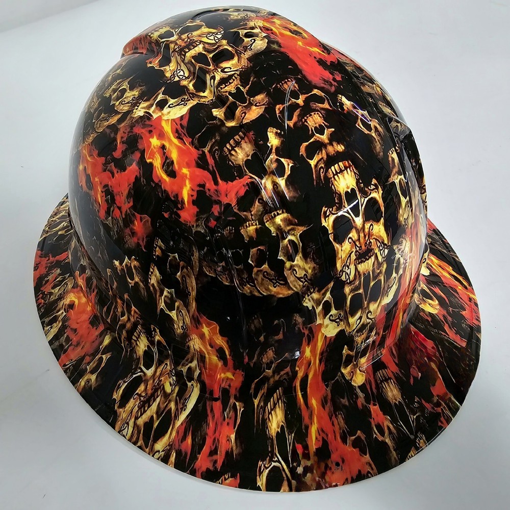 full brim VENTED hard hat custom hydro dipped IN HELLS GATE STACKED SKULLS EVIL