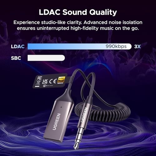 Aux to Bluetooth 6.0 Car Adapter with LDAC, 3.5mm Aux Adapter Built-in