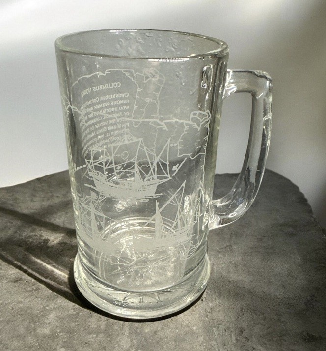 Christopher Columbus The PINTA Etched Glass Beer Mug Stein Nautical compass