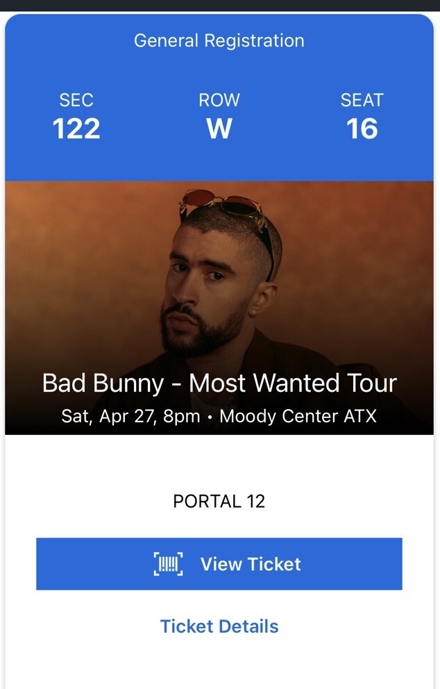 Bad Bunny concert ticket Austin, TX