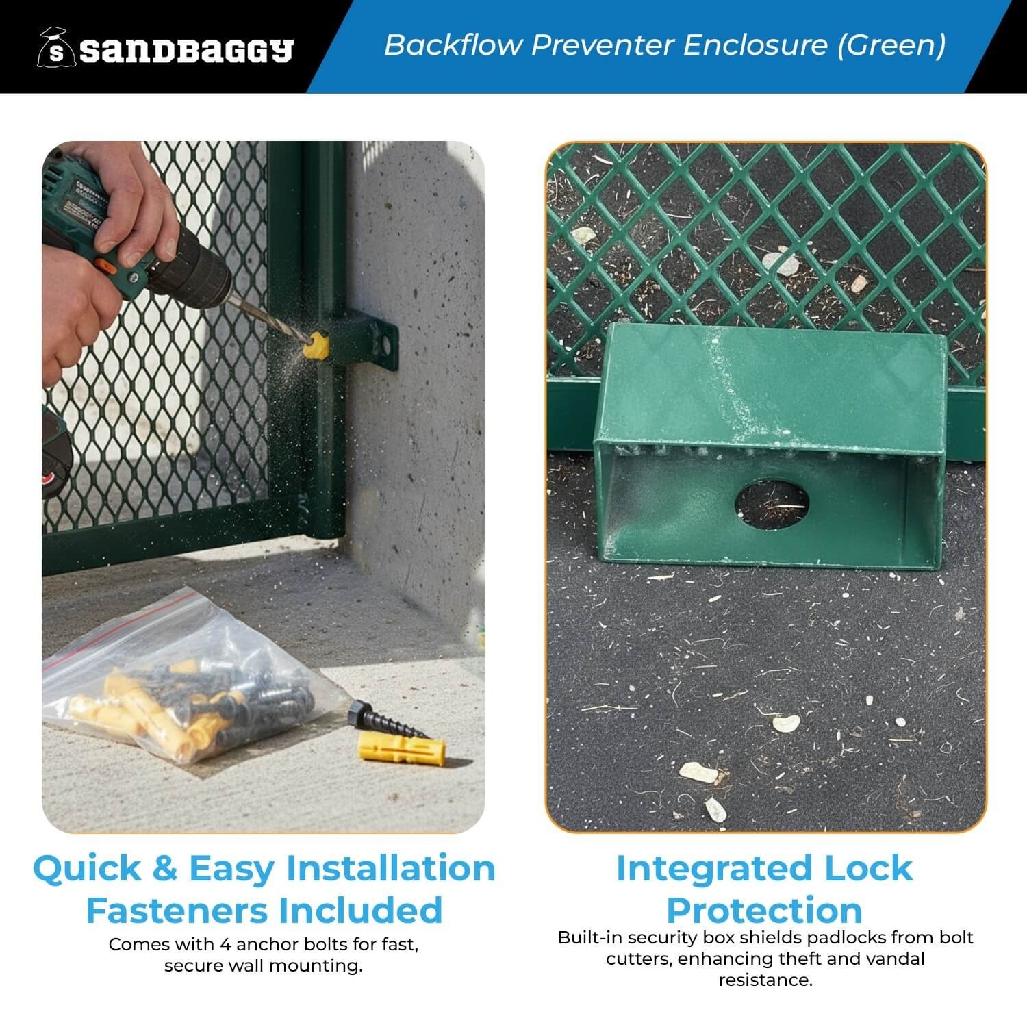 Wall-Mounted Backflow Security Cage – Backflow Enclosure (Green) - Sandbaggy