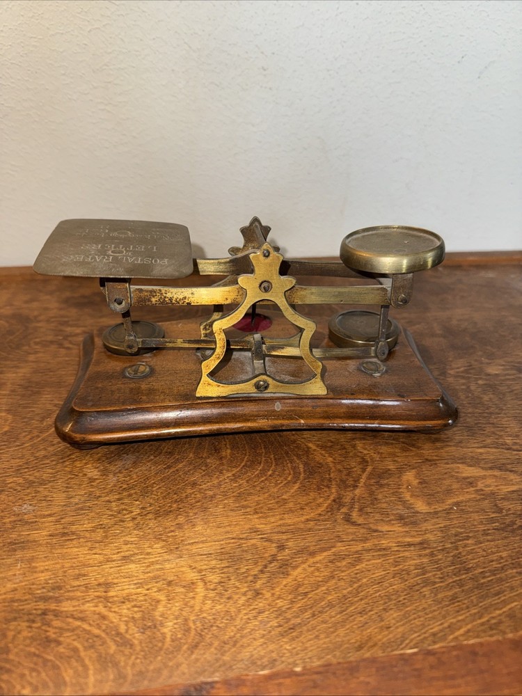 Antique Brass Wood Desktop Postage Scale With 2 Weights