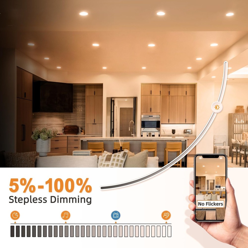 6 Pack 4 Inch 5CCT LED Recessed Ceiling Light Panel Dimmable with Night Light