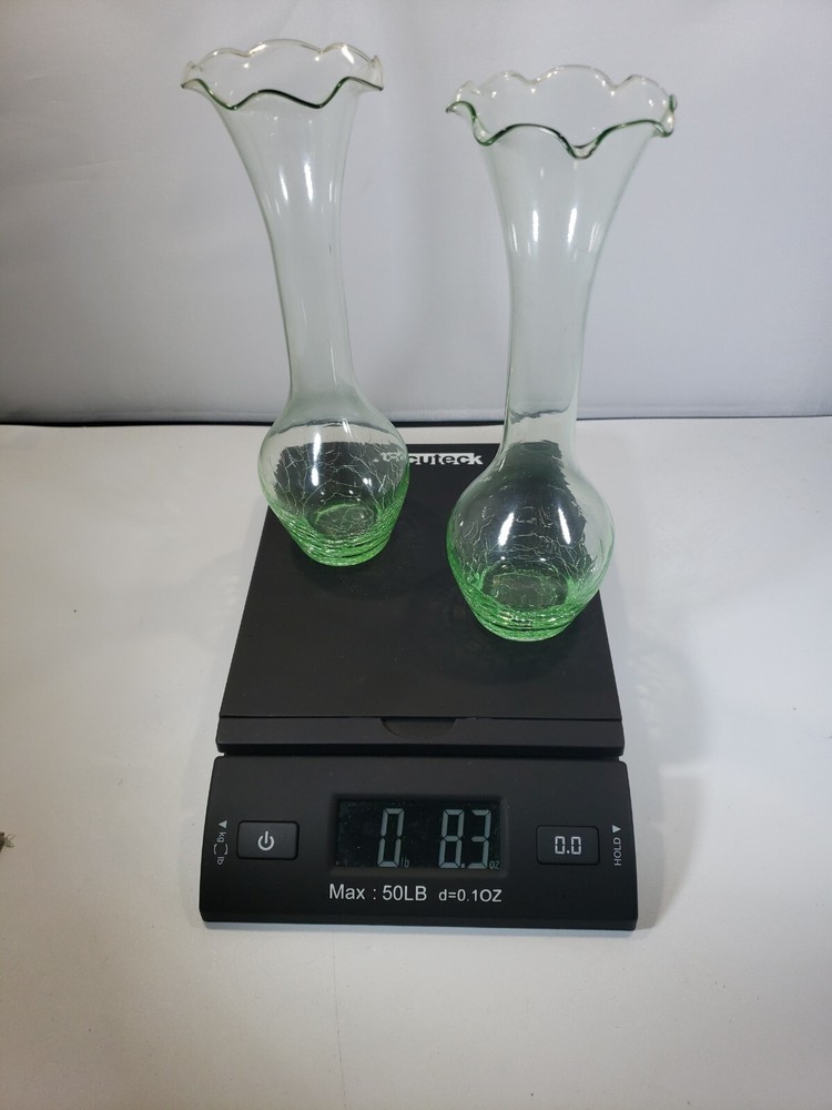 2 Green Crackle Glass Bud Vases