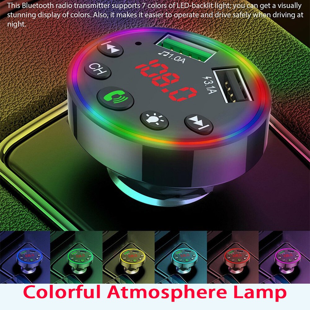 Bluetooth Car FM Transmitter Wireless Adapter Dual USB Charger Colorful Lights