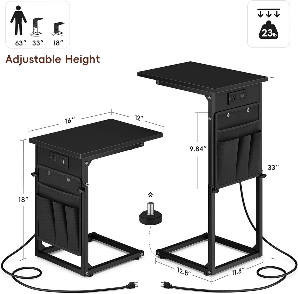 C Shaped End Table with Charging Station Adjustable Height Side Table for Sofa