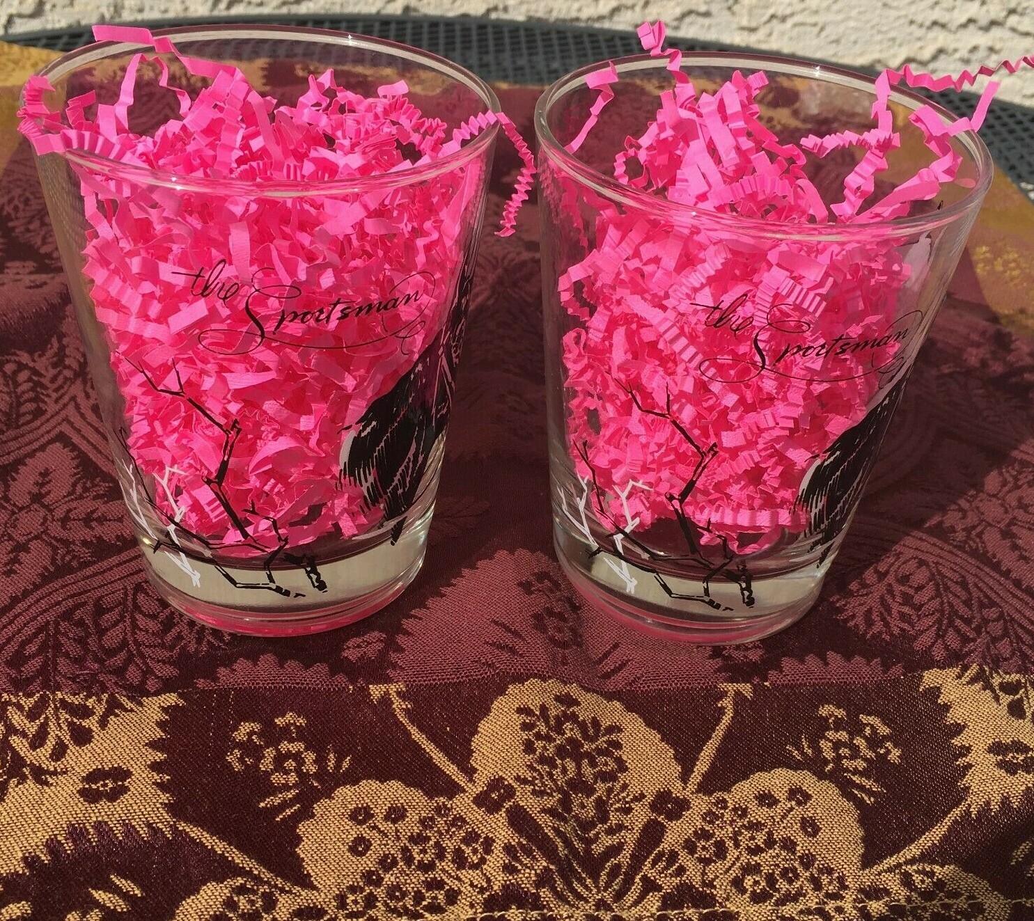 VTG Mid Century MCM Equestrian Highball Drinking Glasses Horse Race Western Pair