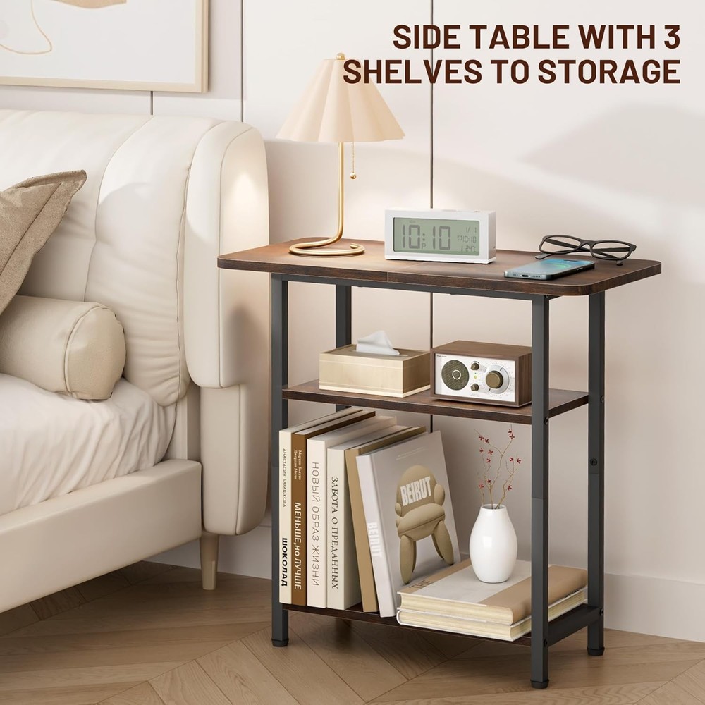 Side Table Living Room 3-Tier End Table Small Space W/ Wide Storage Tabletop