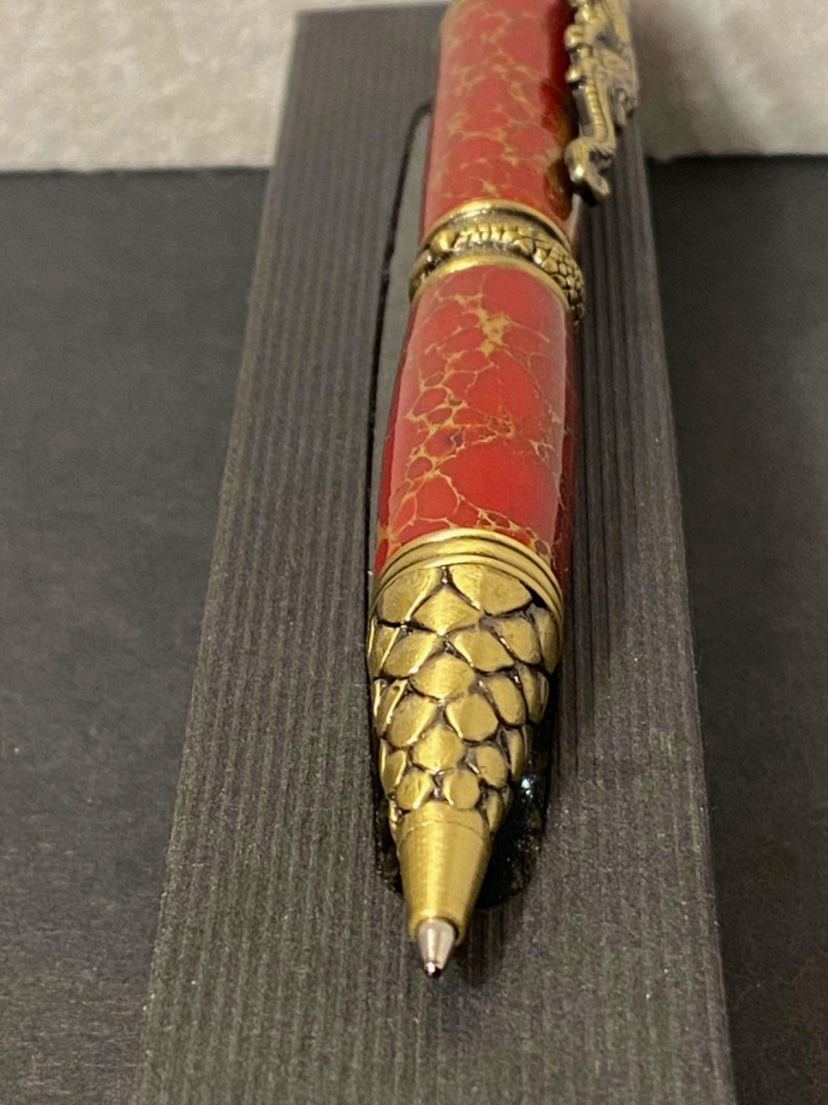 Red Jasper Crouching Dragon Armored Scales Twist Ballpoint Pen Tigers Eye