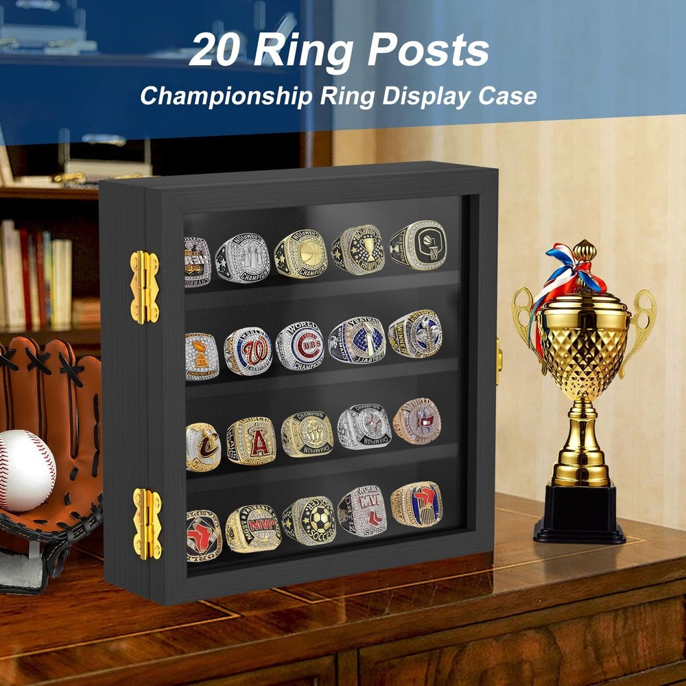 Championship Ring Display Case: Wooden Shadow Box with 20 Posts Black