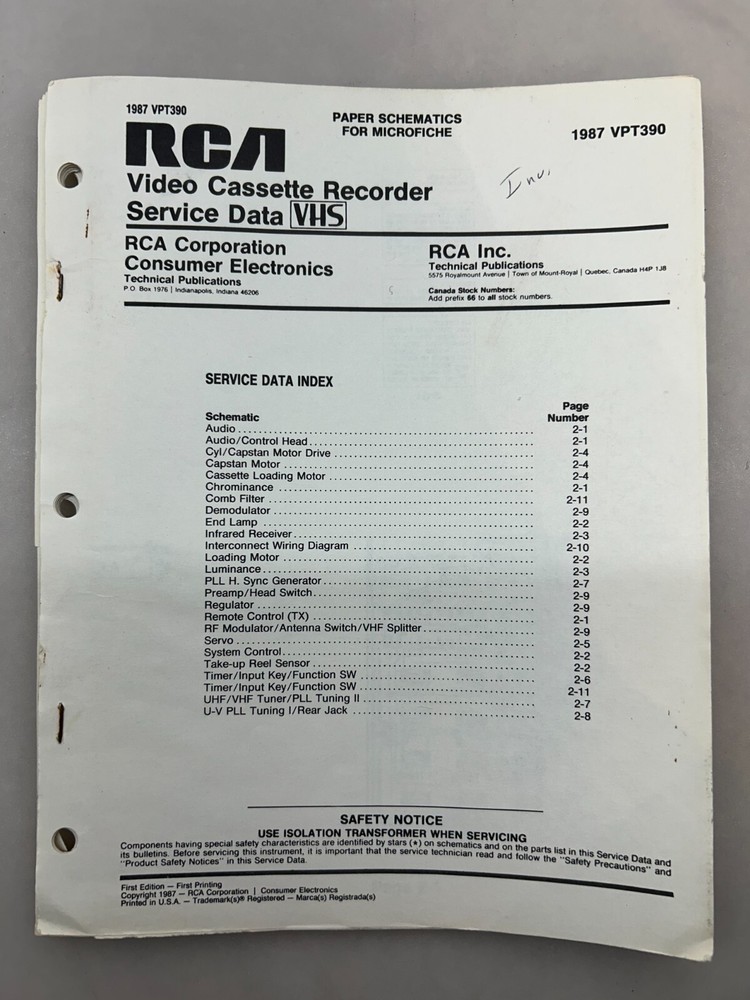 RCA VPT390 Original Schematics Free Shipping