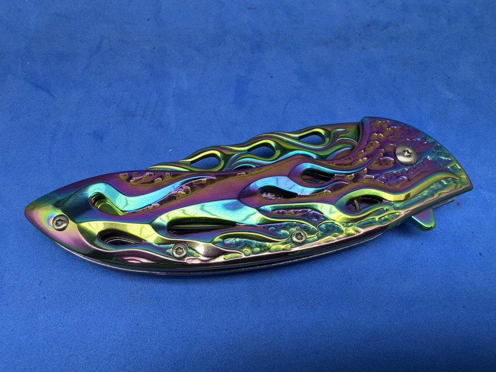 MTECH Assisted Opening Pocket Knife Rainbow Flame Cutout Fire Pattern Blade EDC