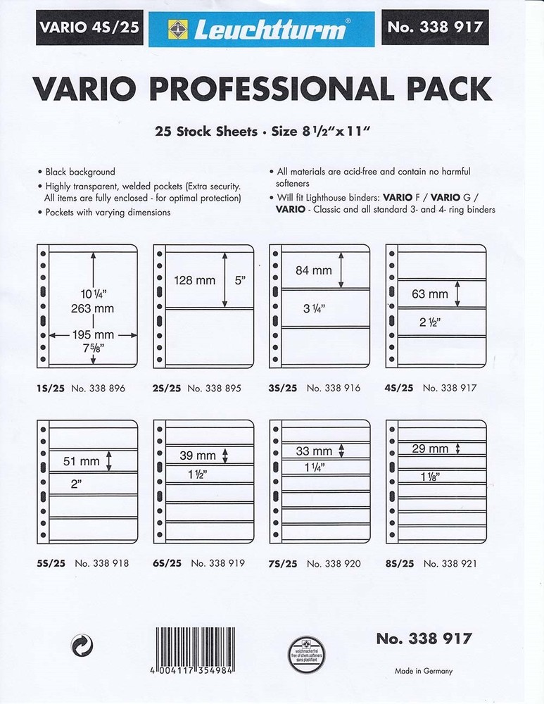 Lighthouse Vario 4S Stock Stamp Pages 4 Rows Professional Pack of 25 Black NEW