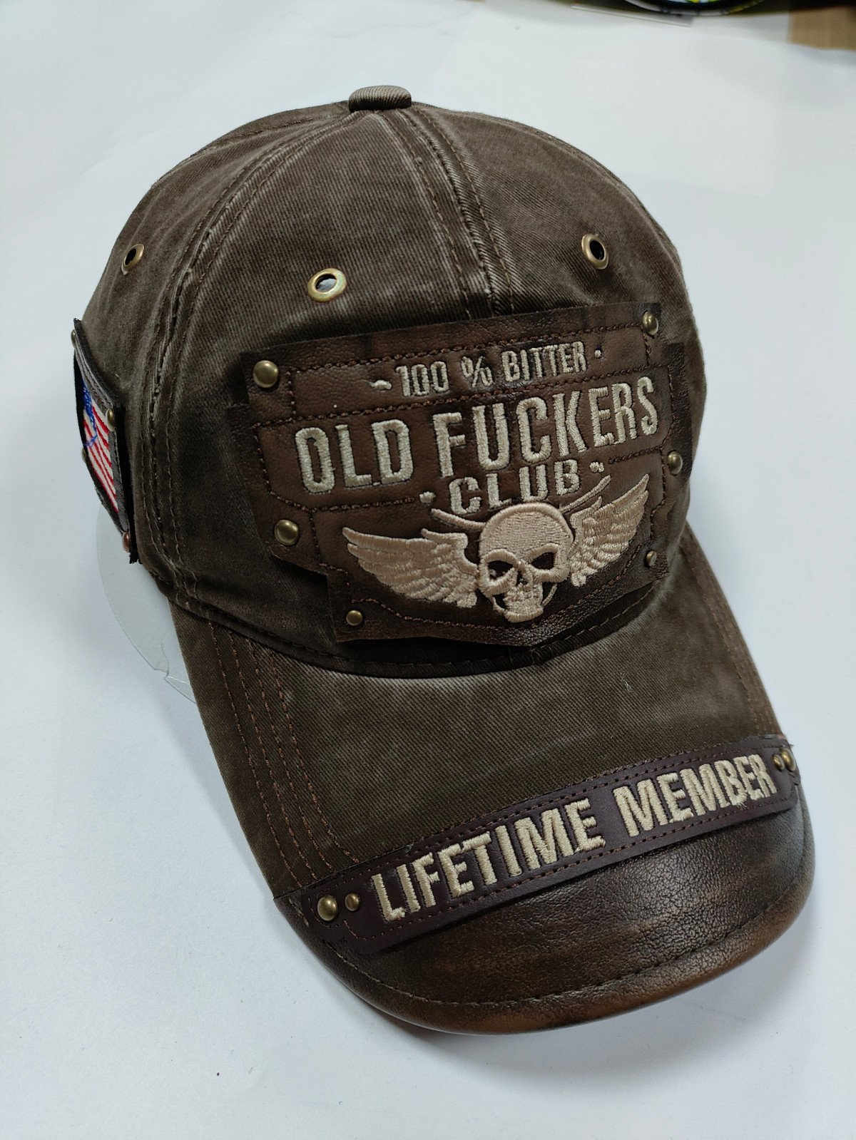 Vintage Leather Embroidered Cap - Old F*ckers Club 100% Bitter Lifetime Member